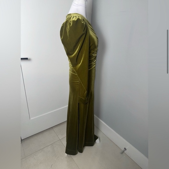 Ganni Velvet Gathered Long Sleeve Jersey Dress in Avocado - Picture 6 of 12